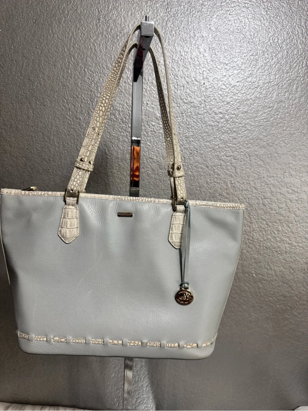 Brahmin Powder Blue Tote with White Croc-Trim